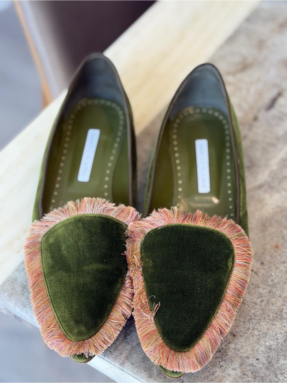 Manolo Blahnik Olive Green Velvet Loafers w/ Fringe EU 40